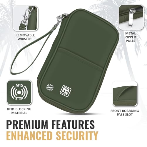BOACAY Travel Document Organizer with RFID, Family Passport Holder, Wallet for Women & Men, Portable & Waterproof Case for Cards, Boarding Pass, Money - color: Olive Green
