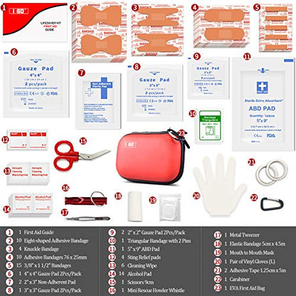 I GO 85 Pieces Hard Shell Mini Compact First Aid Kit, Small Personal Emergency Survival Kit for Travel Hiking Camping Backpacking Hunting Marine Car - color: Red