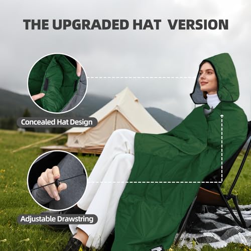Large Outdoor Waterproof Blanket Extra Thick Fleece Stadium Blanket for Camping, Car, Pet, Picnics - Windproof, Wearable, Machine Washable 80" x 58" (Green,Hooded) - color: Hooded-green