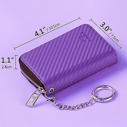 FurArt Zipper Wallet Women, RFID Blocking Credit Card Wallet, Business Card Holder, Compact Size KeyChain Wallet - color: Carbon Fiber Purple