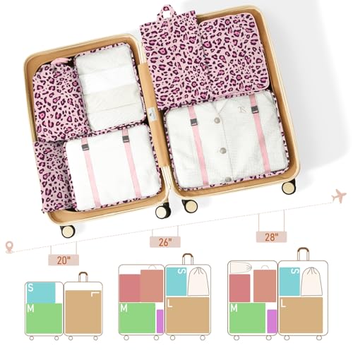 Packing Cubes for Travel - 8 Set Luggage Organizer Bags for Family, Mesh Breathable Packing Cubes for Suitcases Durable Travel Essentials Bags Set - color: Purple Leopard Print