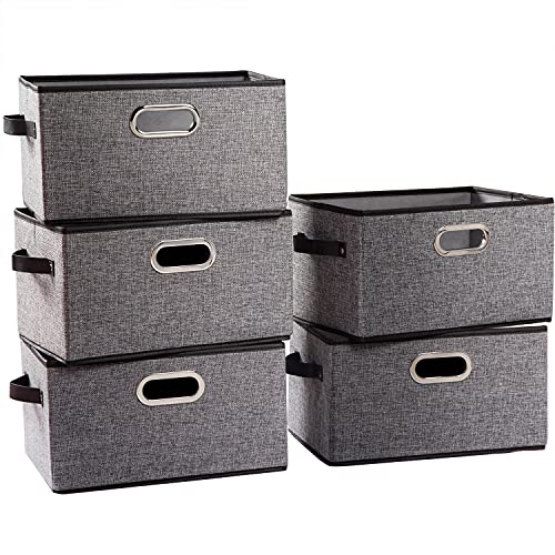 PRANDOM Fodable Storage Baskets for Closet [5-Pack] Decorative Fabric Storage Bins Cubes with Leather/Metal Handles for Shelves Bedroom Living Room Grey (11.5x8.5x6.7 Inch) - color: Grey&black Trim, size: Medium(5-Pack)