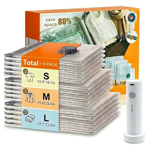 Travel Vacuum Storage Bags with Electric Pump, 9 Pack Vacuum Seal Bags for Clothing Travel, Portable Carry-on Luggage Compression Bag - size: 9 Combo Travel Sizes