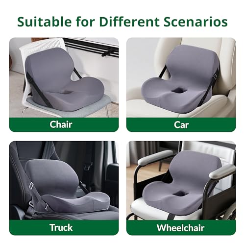 One-Piece Memory Foam Seat & Back Cushion - Lumbar Support, Adjustable Strap, Non-Slip Bottom - Breathable Removable Cover for Office Chair, Car, Truck (Grey) - color: Grey