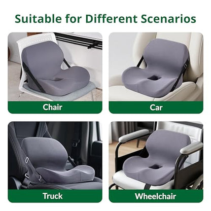 One-Piece Memory Foam Seat & Back Cushion - Lumbar Support, Adjustable Strap, Non-Slip Bottom - Breathable Removable Cover for Office Chair, Car, Truck (Grey) - color: Grey