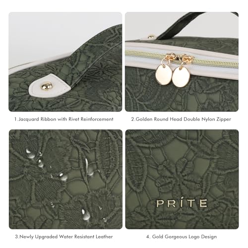 Prite Makeup Bag for Women Travel Waterproof Vegan Leather Cosmetic Bag Open Flat Toiletry Bag With Clear Divider and Handle (Green Flower, Medium) - color: Green Flower, size: Medium