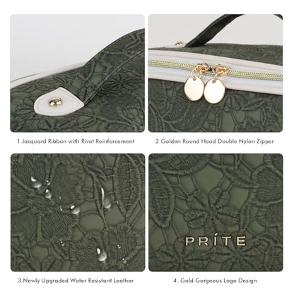 Prite Makeup Bag for Women Travel Waterproof Vegan Leather Cosmetic Bag Open Flat Toiletry Bag With Clear Divider and Handle (Green Flower, Medium) - color: Green Flower, size: Medium