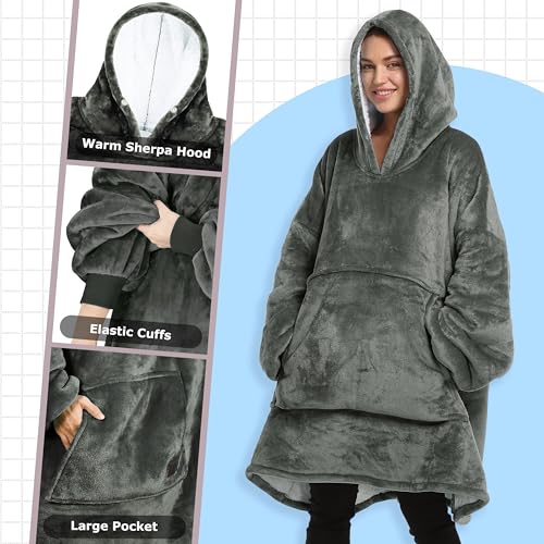 Catalonia Oversized Blanket Hoodie Sweatshirt, Wearable Sherpa Blanket Pullover, Gift for Her - color: Grey