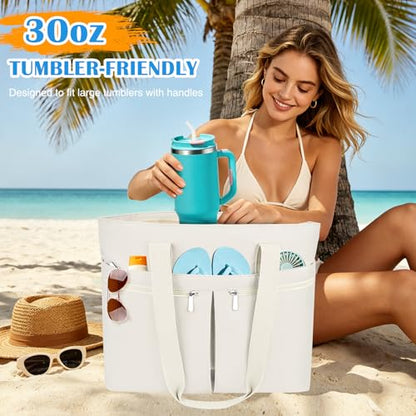HUANLANG Large Beach Bags for Women Pool Bag with Zipper, Waterproof Sandproof Beach Tote Travel Bag with Wet Pocket - color: White