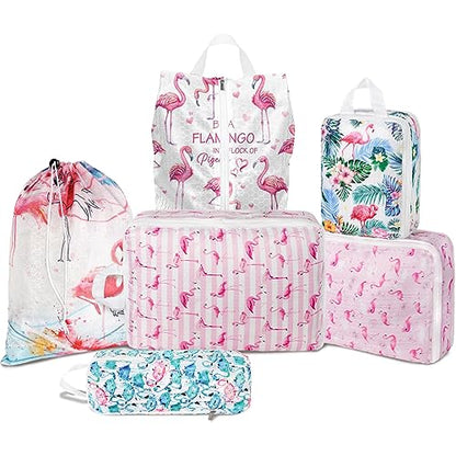 6 Pcs Compression Packing Cubes Waterproof Suitcase Travel Bag Luggage Backpack Organizer Travel Cubes for Packing-Flamingo - color: Flamingo