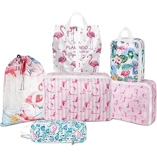 6 Pcs Compression Packing Cubes Waterproof Suitcase Travel Bag Luggage Backpack Organizer Travel Cubes for Packing-Flamingo - color: Flamingo