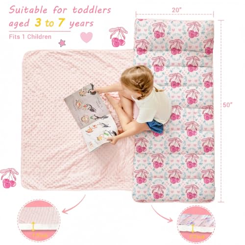 Lasoftan Toddler Nap Mat with Pillow and Blanket, Extra Large Rolled Napping Mats,Slumber Bags for Boys Girls,Kids Sleeping Bag for Daycare, Preschool Travel Camping - color: Bow Cherry