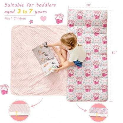 Lasoftan Toddler Nap Mat with Pillow and Blanket, Extra Large Rolled Napping Mats,Slumber Bags for Boys Girls,Kids Sleeping Bag for Daycare, Preschool Travel Camping - color: Bow Cherry