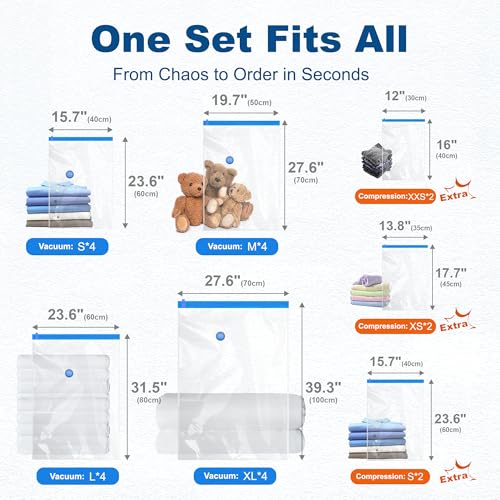 HOUSE DAY 22 Pack Vacuum Seal Bags For Clothing Travel, Vacuum Bags With Electric Pump, Vacuum Sealer Bag for Clothes, Comforters, Blankets, Pillows, Moving (4XL/4L/4M/4S/2S Roll/2XS Roll/2XXS Roll) - size: 22 Pack-E PUMP