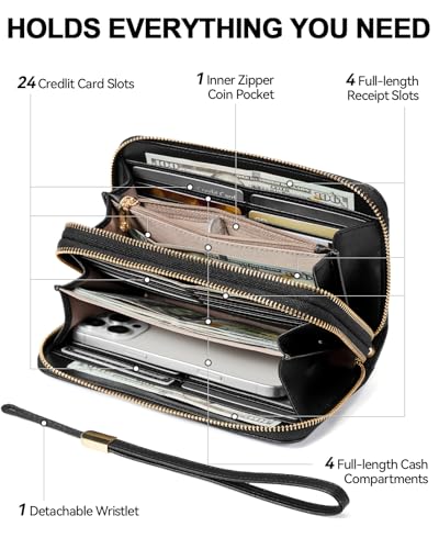 BOSTANTEN Wallets for Women Leather RFID Double Zipper Around Credit Card Holder Large Capacity Wristlet Clutch Wallet - color: Black