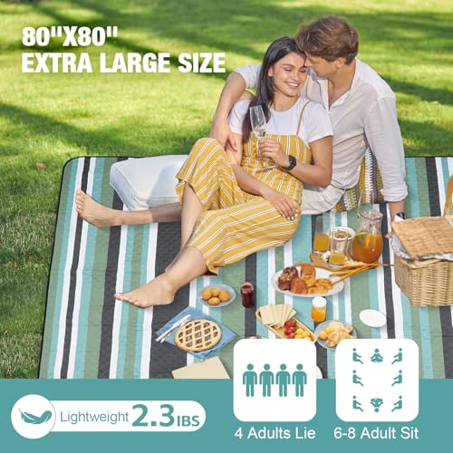 Picnic Blankets Outdoor Extra Large - 80"x80" Waterproof Beach Blanket, Machine Washable 3-Layer Foldable Park Mat with Sandproof Backing for Grass, Hiking, Travel, Concerts, Indoor (OliveStrip) - color: Olive Green