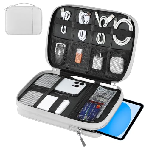Dadanism Electronics Travel Organizer Case, Double Layers Cord Organizer Travel All-in-One Storage Bag for Cable, Cord, iPad, Chargers, fits 9-11'' Tablets, Portable Tech Accessories Bag, Gray White - color: Gray White