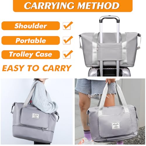 INVODA Travel Bag for Women Expandable Duffel Bag Tote Weekender Overnight Carry on Sports Gym Bags Waterproof Foldable Duffel Tote (Grey)