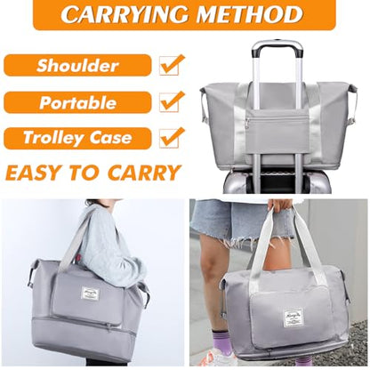 INVODA Travel Bag for Women Expandable Duffel Bag Tote Weekender Overnight Carry on Sports Gym Bags Waterproof Foldable Duffel Tote (Grey)