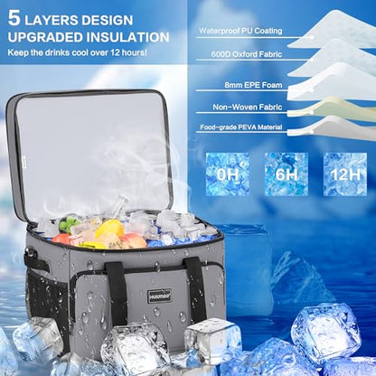 Hulongo Insulated Soft Cooler Bag, Large Ice Coolers Soft Sided Ice Chest for Beach, Collapsible and Portable - color: gray (60 CAN Xlarge)