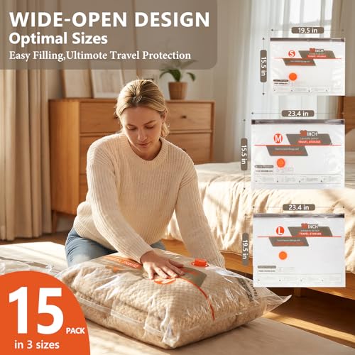 NESCCI Vacuum Bags for Travel with Rechargeable Air Pump,Carry-on Size Compression Packing Bags for Luggage and Suitcase,Space Saver for Clothes 15 Pcs Combo Travel Size - size: 15 Combo Size (Orange)