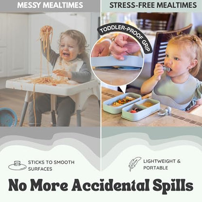 Baby Travel Essentials 6 Pc Silicone Feeding Set - Portable Toddler Plates with Suction, Baby Spoons & Foldable Bib in Carrying Case - BPA-Free Infant & Toddler Utensils for Airplanes & Eating Out - color: Gray