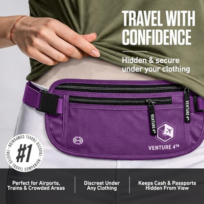 VENTURE 4TH Money Belt for Travel – Slim Hidden Under-Clothes RFID Blocking Anti-Theft Passport Holder & Travel Wallet Pouch for Men & Women to Protect Cash, Cards & Documents (Purple) - color: Purple