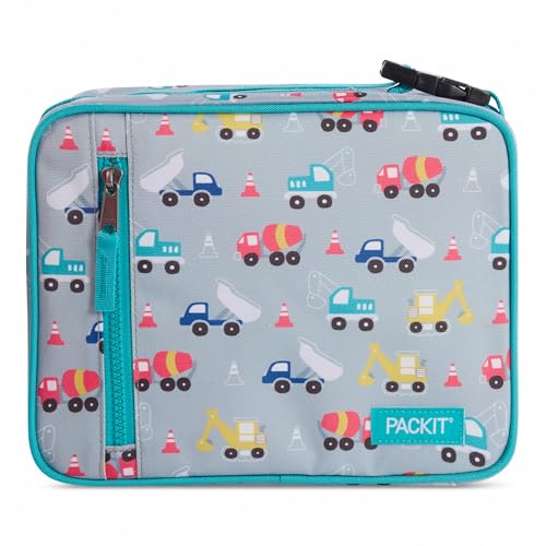 PackIt Freezable Classic Lunch Box, Construction Trucks, Built with EcoFreeze Technology, Collapsible, Reusable, Zip Closure With Zip Front Pocket and Buckle Handle, Designed for Fresh Lunch On the Go - color: Construction Trucks