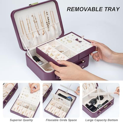 Travel Jewelry Case Large Jewelry Box Jewelry Travel Organizer Jewelry Case with Handle Removable Tray Best Gift for Women Girls (Wine) - color: Burgundy-2