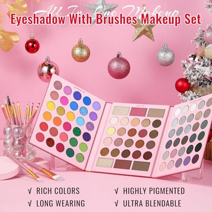 UCANBE Eyeshadow Palette with 15Pcs Brushes Makeup Set, Pigmented 86 Colots Make Up Pallet Gift Sets, Matte Shimmer Metallic Eye Shadow Highlighter Contour Blush Powder Christmas Valebtines Beauty Kit - color: Palette D + Pink Brush