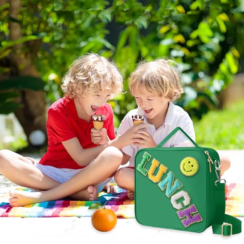 Insulated Lunch Bag With Adjustable Shoulder Strap, Nylon Preppy Lunch Box Large Insulated Lunch Bag Reusable Lunch Tote Bag with Smiley Preppy LunchBag for Girls School Travel Picnic (Dark green) - color: Dark Green