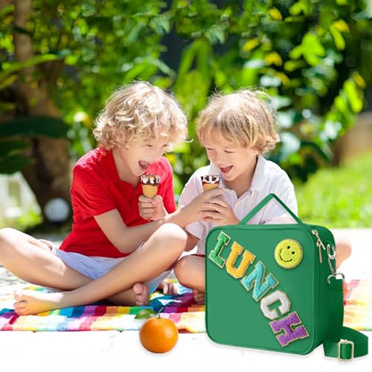 Insulated Lunch Bag With Adjustable Shoulder Strap, Nylon Preppy Lunch Box Large Insulated Lunch Bag Reusable Lunch Tote Bag with Smiley Preppy LunchBag for Girls School Travel Picnic (Dark green) - color: Dark Green