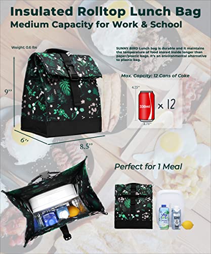 SUNNY BIRD Insulated Lunch Bag Rolltop Lunch Box Tote Bag for Women, Men, Adults and Teens (Floral & Foliage) - color: Floral & Foliage