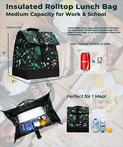 SUNNY BIRD Insulated Lunch Bag Rolltop Lunch Box Tote Bag for Women, Men, Adults and Teens (Floral & Foliage) - color: Floral & Foliage