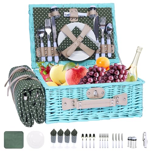 YPshuye Picnic Basket Set for 4 with Waterproof Blanket Mat Insulation Bag Wicker Blue Green Light Hawaiian Tropical Style Gift for Wedding Birthday Summer Camp Outdoor Camping Beach Travel Christmas - color: Green and White Dots