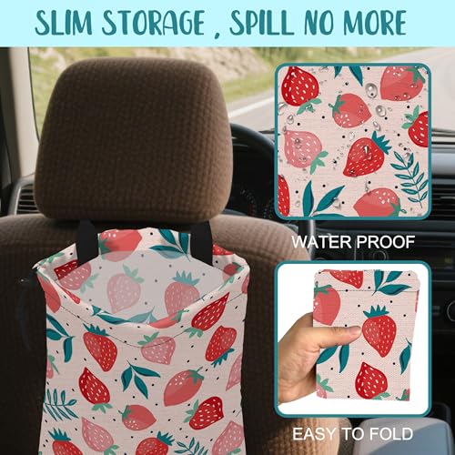 Car Garbage Bag Strawberry Berries and Leaves Hanging Canvas Car Trash Bag Waterproof Drawstring Car Back Seat Organizer for Car Back Front Seat Console with Adjustable Buckle - color: Strawberry Berries and Leaves