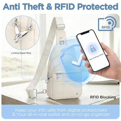 Anti Theft Sling Bag for Men & Women, Lightweight Puffer RFID Crossbody Bag for Travel, Commuting & City Walking, Hands-Free Everyday Essentials Bag White - color: White(ivory)