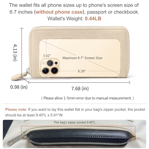 Moflycom Womens Wallet RFID Blocking Genuine Leather Zip Around Wallet Clutch Wristlet Travel Long Purse for Women - color: Y1-Beige