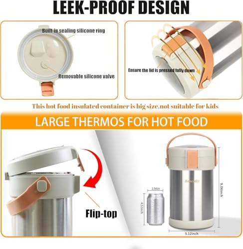 67oz/2L Thermo for Hot Food, 304 Stainless Steel Vacuum Insulated Soup Thermo, Leak-Proof Thermal Lunch Box with 3 Stackable Bento Boxes for Adults Office Travel Camping, Large thermo for hot food - color: stainless steels