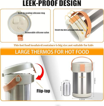 67oz/2L Thermo for Hot Food, 304 Stainless Steel Vacuum Insulated Soup Thermo, Leak-Proof Thermal Lunch Box with 3 Stackable Bento Boxes for Adults Office Travel Camping, Large thermo for hot food - color: stainless steels