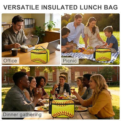 Yellow Baseball Texture Lunch Bag Insulated Reusable Lunch Box Cooler Thermal Tote Bag For Teenage Boys Girls School Beach - color: Yellow Baseball Texture