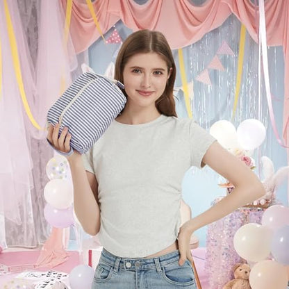 Narwey Striped Wide Open Makeup Bag Women, Travel Toiletry Bag for Women Cosmetic Bag Organizer Make up Bags with Compartments, Gift for Teen Girls (Greyish Blue Stripe) - color: ZY-Greyish Blue Stripe