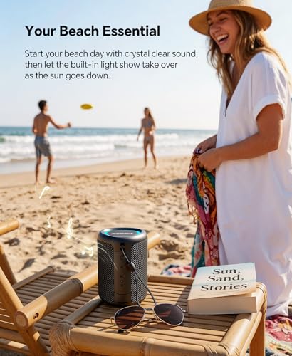 Portable Bluetooth Speaker Beach Essentials: Powerful Crystal Clear Sound/Dynamic Light/IPX5 Waterproof/All Day Playtime/Wireless BT 5.3/TWS Paring, Dad Gifts, Outdoor|Travel|Camping|Pool Accessories - color: Black