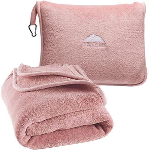 BlueHills Premium Soft Long Travel Blanket Pillow for Tall Airplane Flight Blanket 70 X48 inch Throw in Soft Bag case with Backpack Clip Compact Large Plane 2 in 1 Combo Pink T055 - color: Pink-long-t055