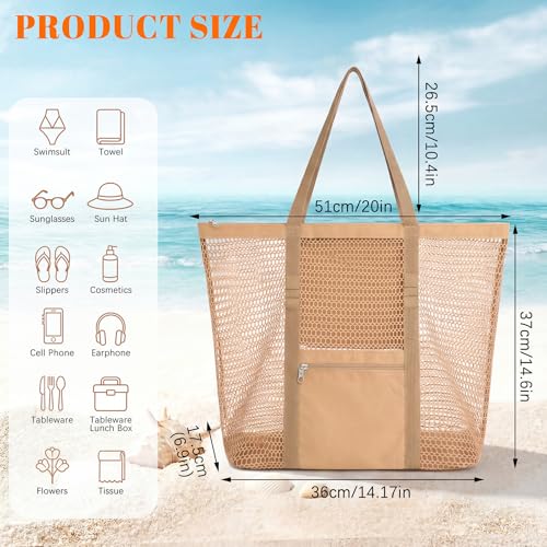 Dntorx Women's Mesh Beach Bag, Stylish Beach Tote for Swimming, Travel & Vacation Essentials, Lightweight Design for Poolside - color: Khaki