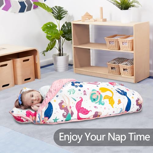 Primlect Thickened Toddler Nap Mat with Removable Pillow and Minky Blanket, Extra Large 55''x35'' Sleeping Bag, Washable, Roll up, Perfect for Daycare, Preschool, Kindergarten, Boys and Girls Mermaid - color: Mermaid