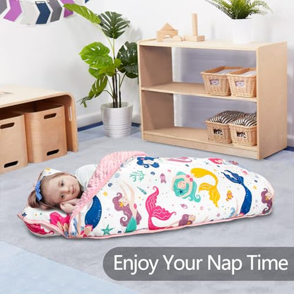 Primlect Thickened Toddler Nap Mat with Removable Pillow and Minky Blanket, Extra Large 55''x35'' Sleeping Bag, Washable, Roll up, Perfect for Daycare, Preschool, Kindergarten, Boys and Girls Mermaid - color: Mermaid