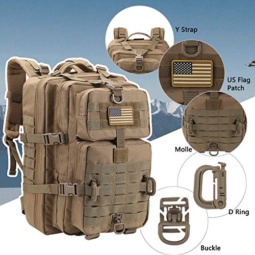 Hannibal Tactical MOLLE Assault Pack, Tactical Backpack Military Army Camping Rucksack, 3-Day Pack Trip w/USA Flag Patch, D-Rings, Coyote - color: Coyote