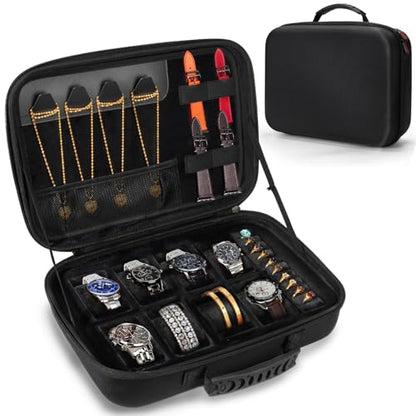 Travel Jewelry Box Watch Case, 8 Slots Watch Organizer for Men Women, Hard Storage Bag with 10 Ring Holders, 4 Necklace Hooks, 4 Watch Strap, Jewelry Bracelets Carrying Case with Soft Pillow