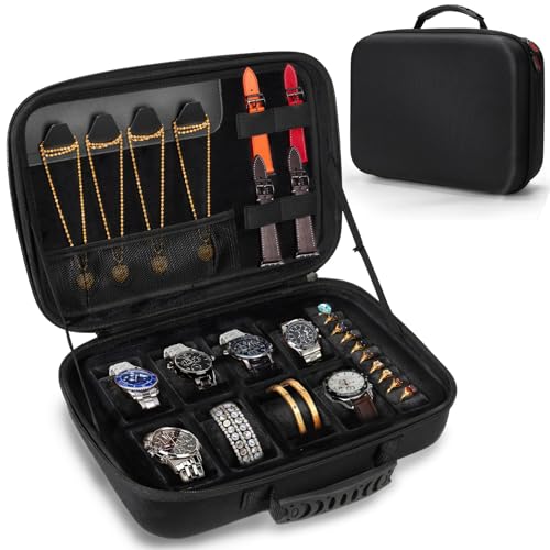 Travel Jewelry Box Watch Case, 8 Slots Watch Organizer for Men Women, Hard Storage Bag with 10 Ring Holders, 4 Necklace Hooks, 4 Watch Strap, Jewelry Bracelets Carrying Case with Soft Pillow